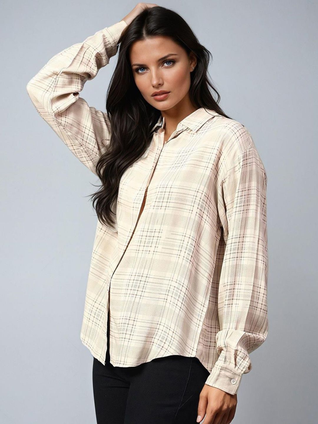 Kotty Women Spread Collar Tartan Checked Cotton Casual Shirt