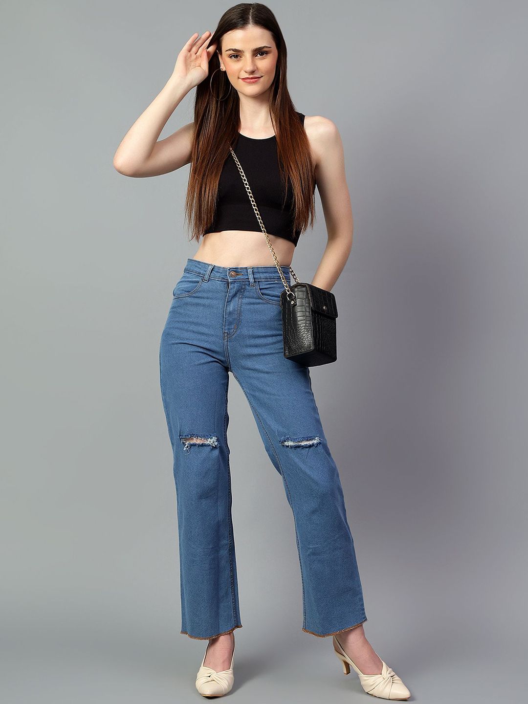 Kotty Women Jean Straight Fit High-Rise Slash Knee Stretchable Jeans