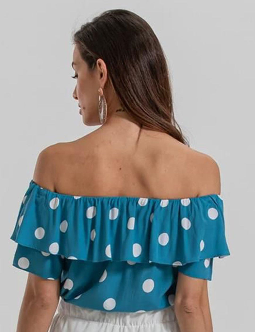 Kotty Polka Dot Printed Off-Shoulder Puff Sleeve Bardot Crop Top