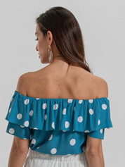 Kotty Polka Dot Printed Off-Shoulder Puff Sleeve Bardot Crop Top