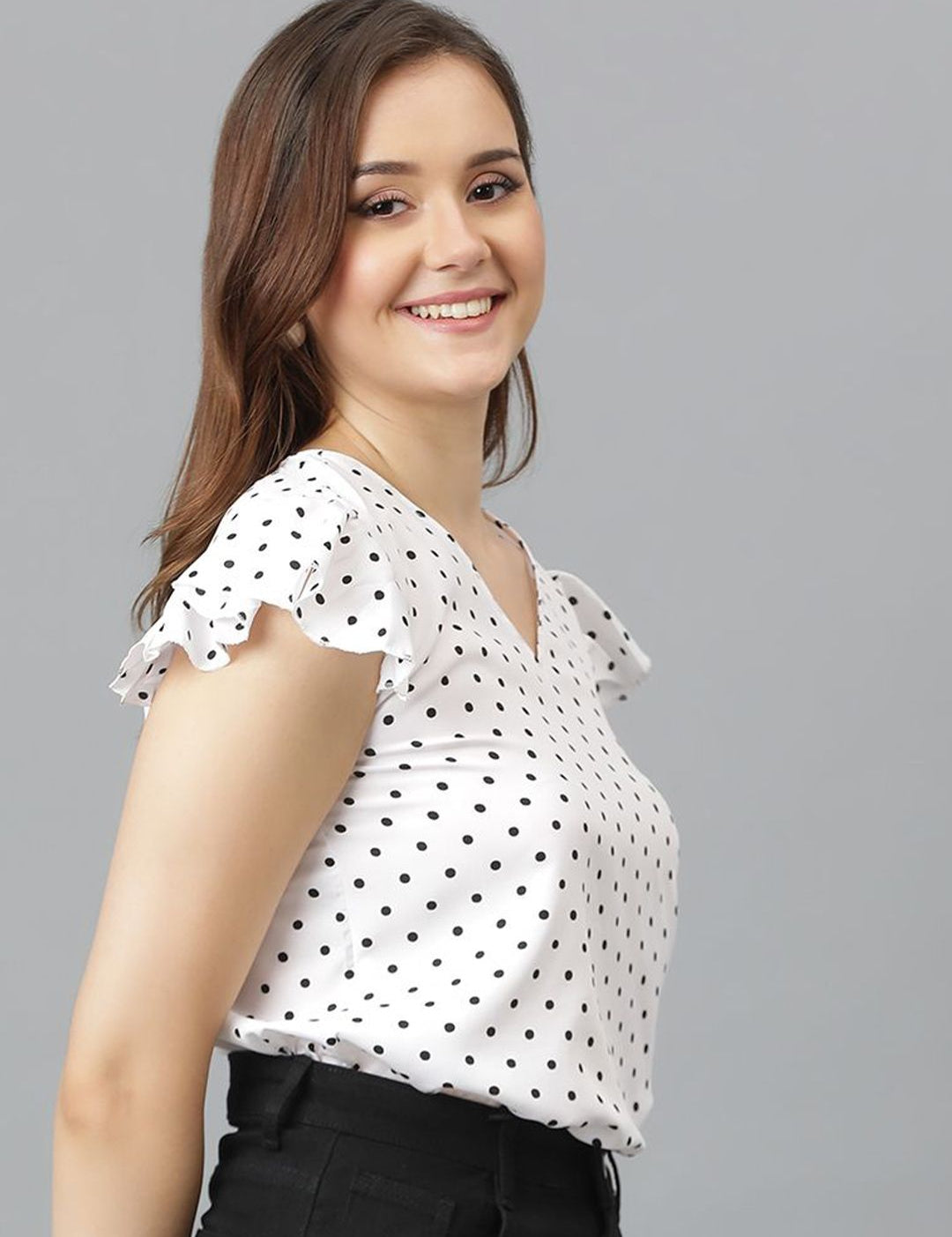 Kotty Women Polka Dot Printed V-Neck Flutter Sleeve Top