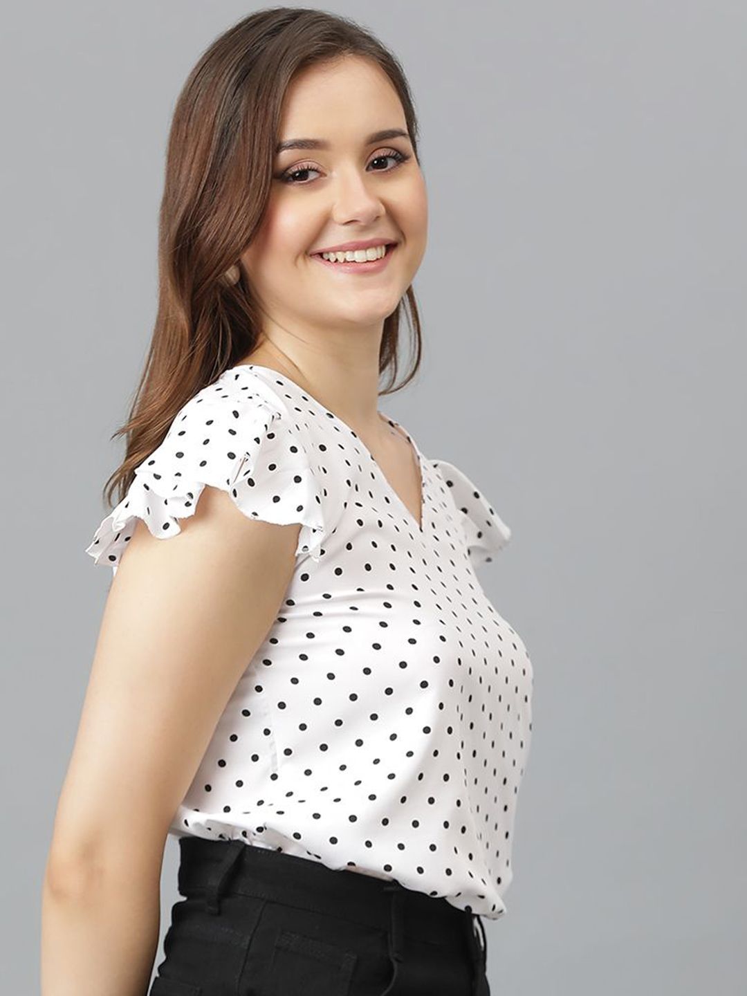 Kotty Women Polka Dot Printed V-Neck Flutter Sleeve Top