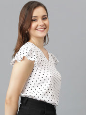 Kotty Women Polka Dot Printed V-Neck Flutter Sleeve Top