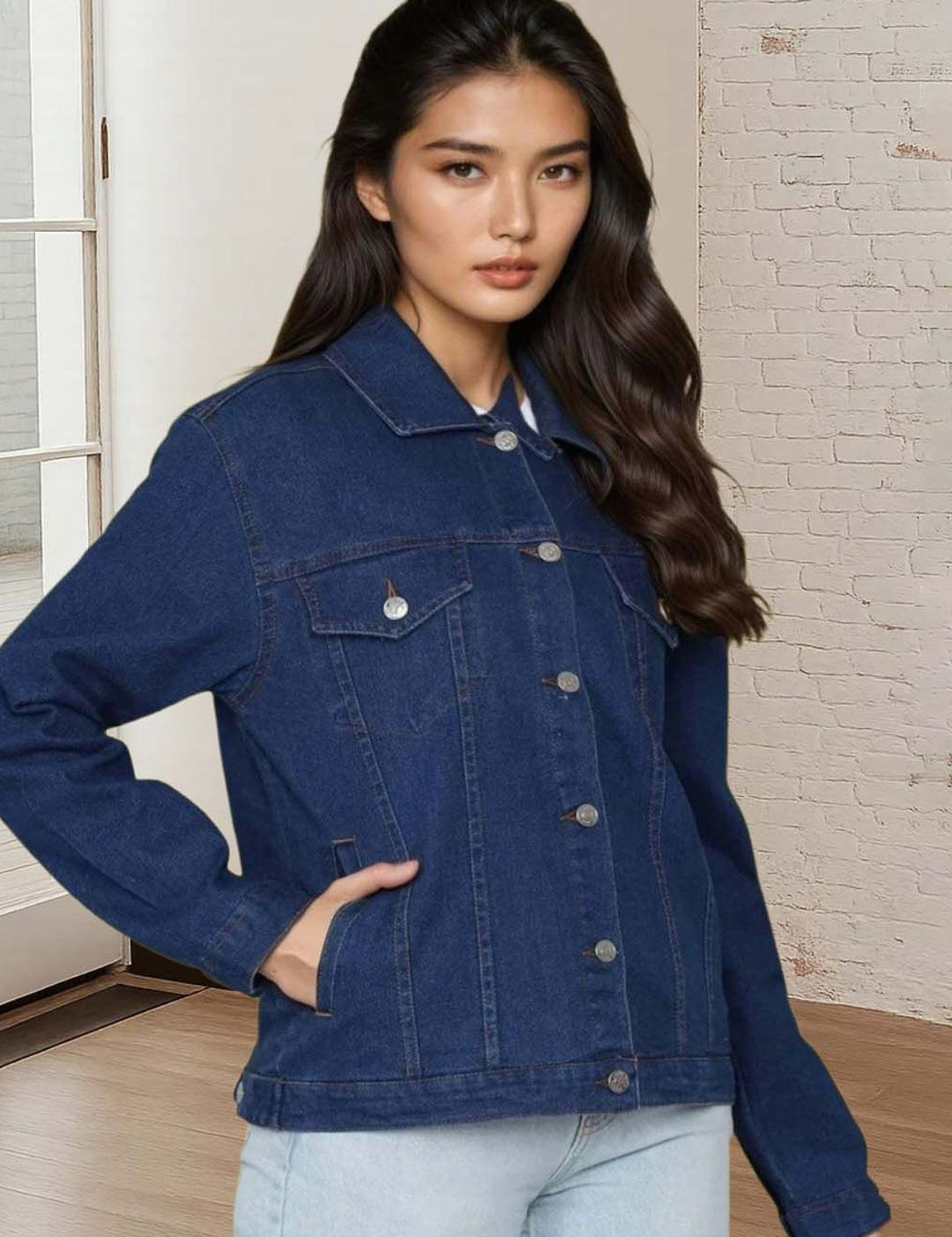 Kotty Women Spread Collar Solid Denim Jacket