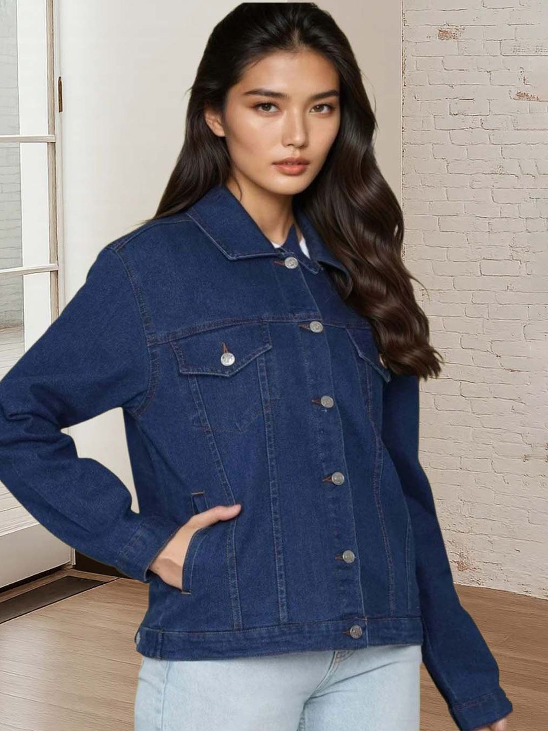 Kotty Women Spread Collar Solid Denim Jacket