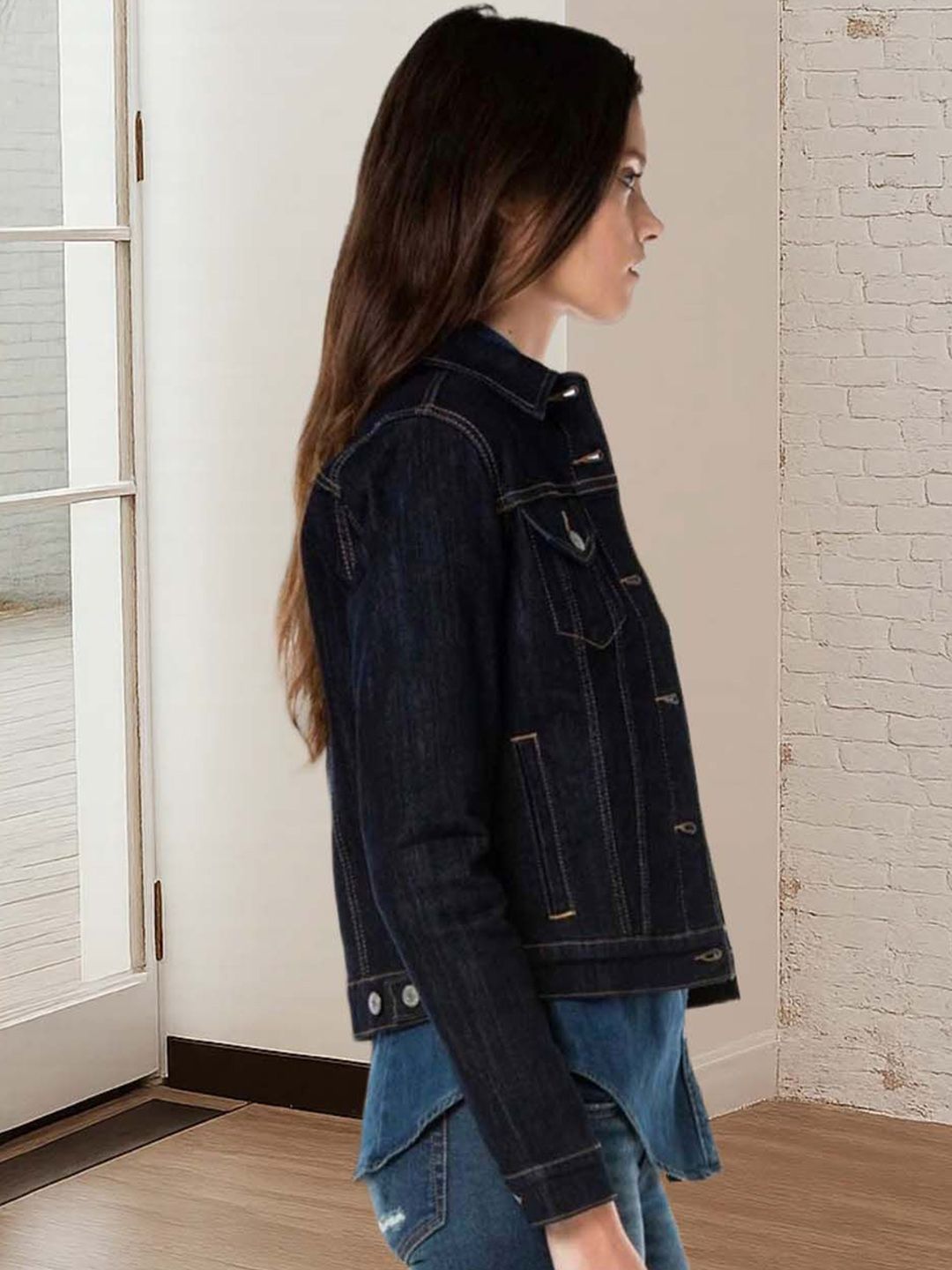 Kotty Women Spread Collar Solid Denim Jacket