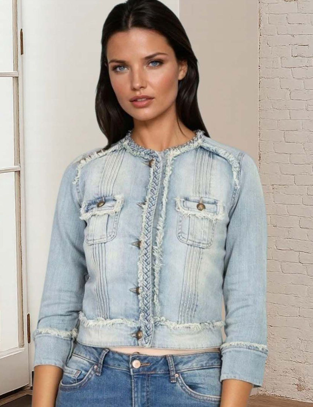Kotty Women Collarless Solid Denim Jacket