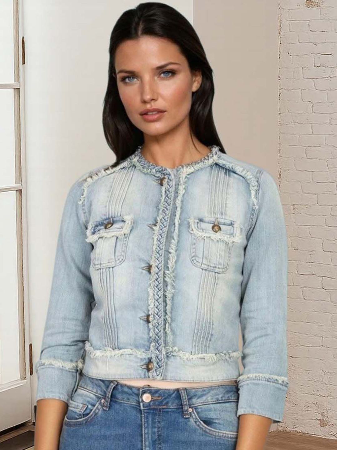 Kotty Women Collarless Solid Denim Jacket