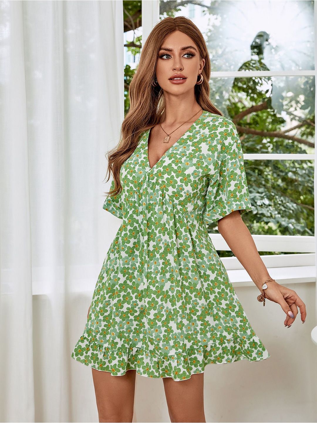 Kotty Women V-Neck Floral Printed Fit & Flare Mini Dress