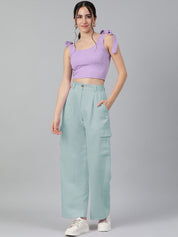 Kotty Women Relaxed Straight Leg Straight Fit High-Rise Easy Wash Pleated Cargos Trousers