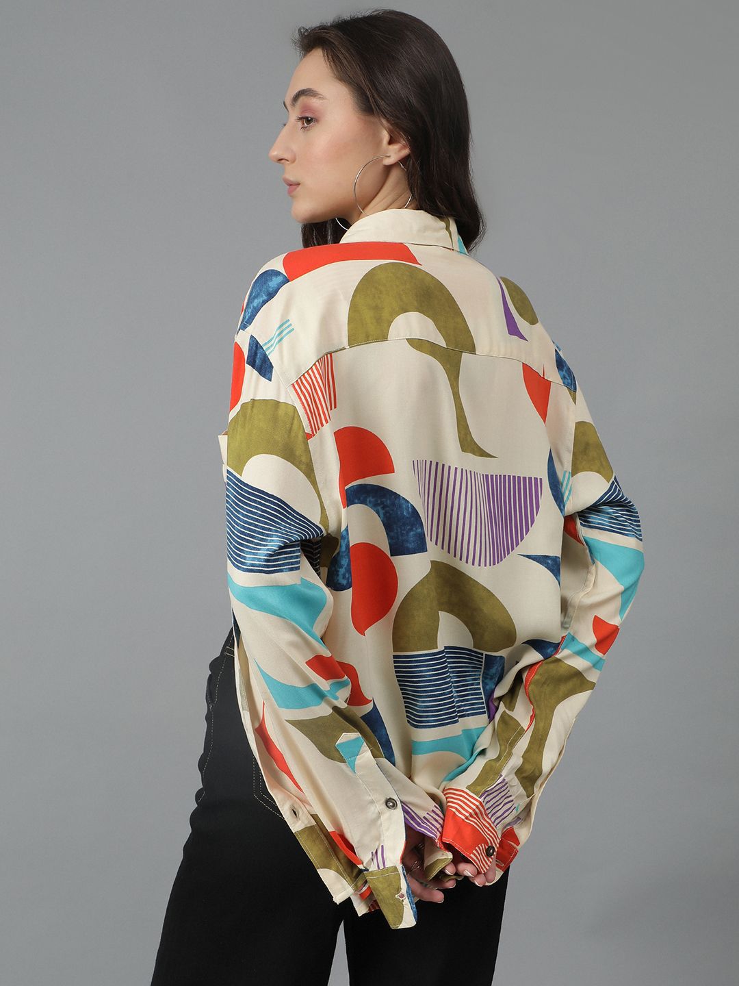 Kotty Women Spread Collar Abstract Printed Cotton Oversized Casual Shirt