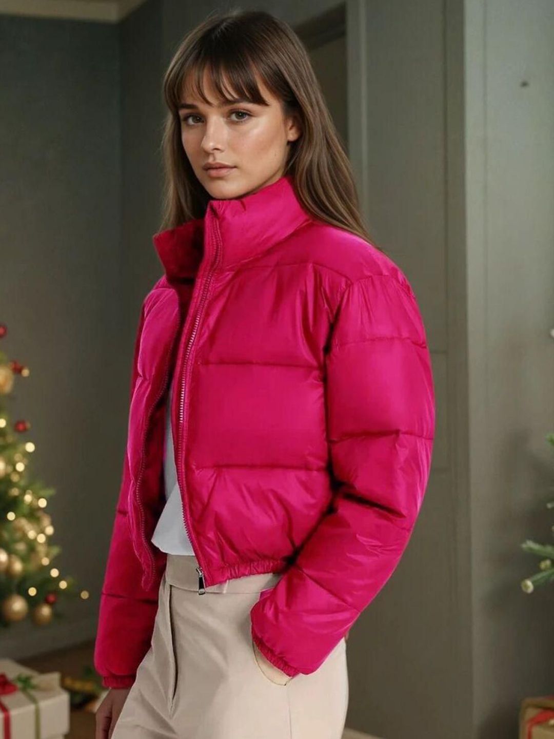 Kotty Women Stand Collar Solid Lightweight Puffer Jacket