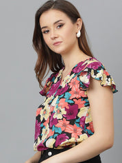 Kotty Women Floral Printed V-Neck Flutter Sleeve Top