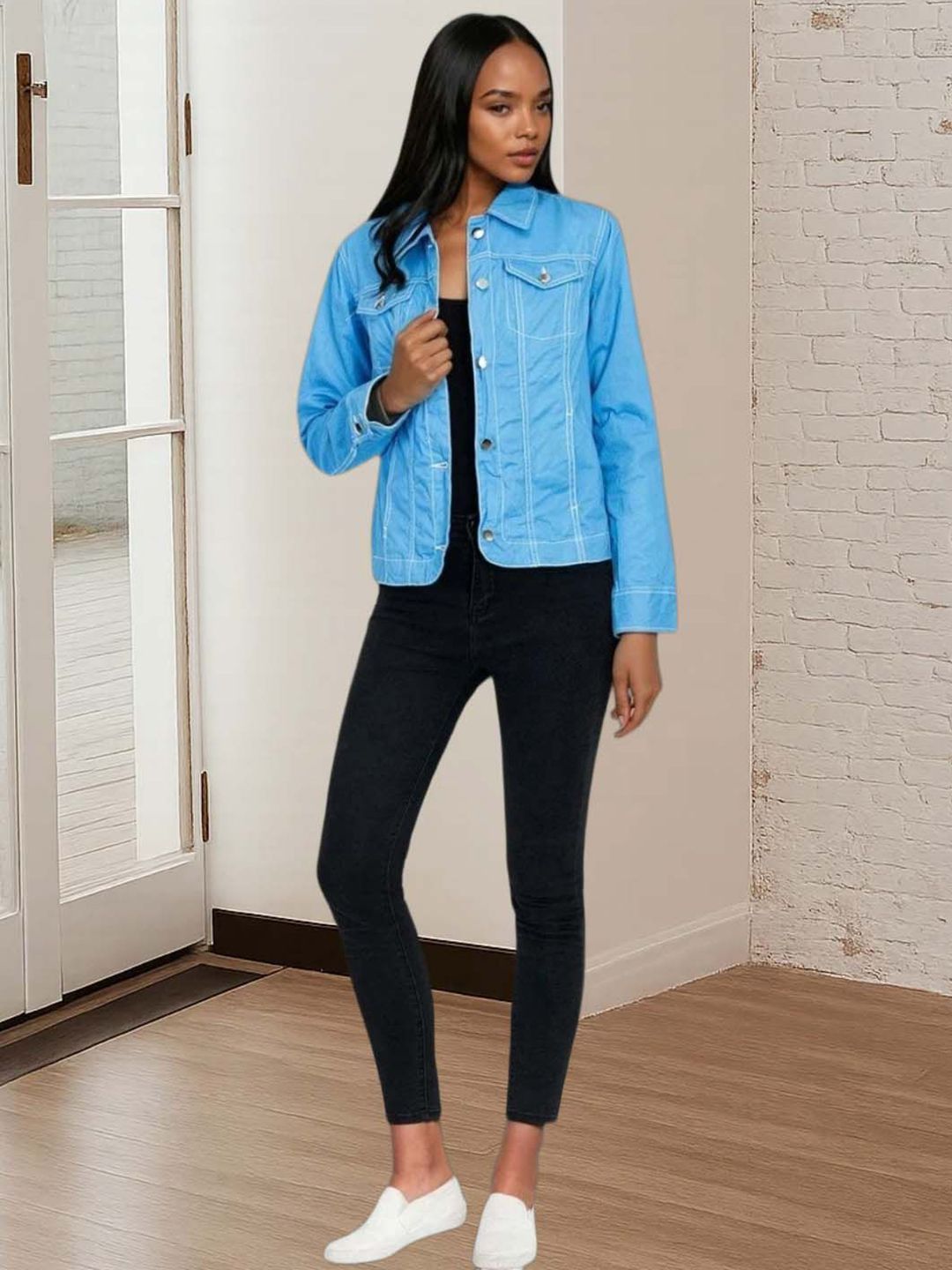 Kotty Women Spread Collar Solid Denim Jacket