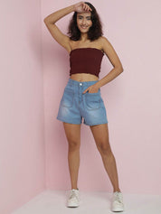 Kotty Women Solid High-Rise Cotton Denim Shorts