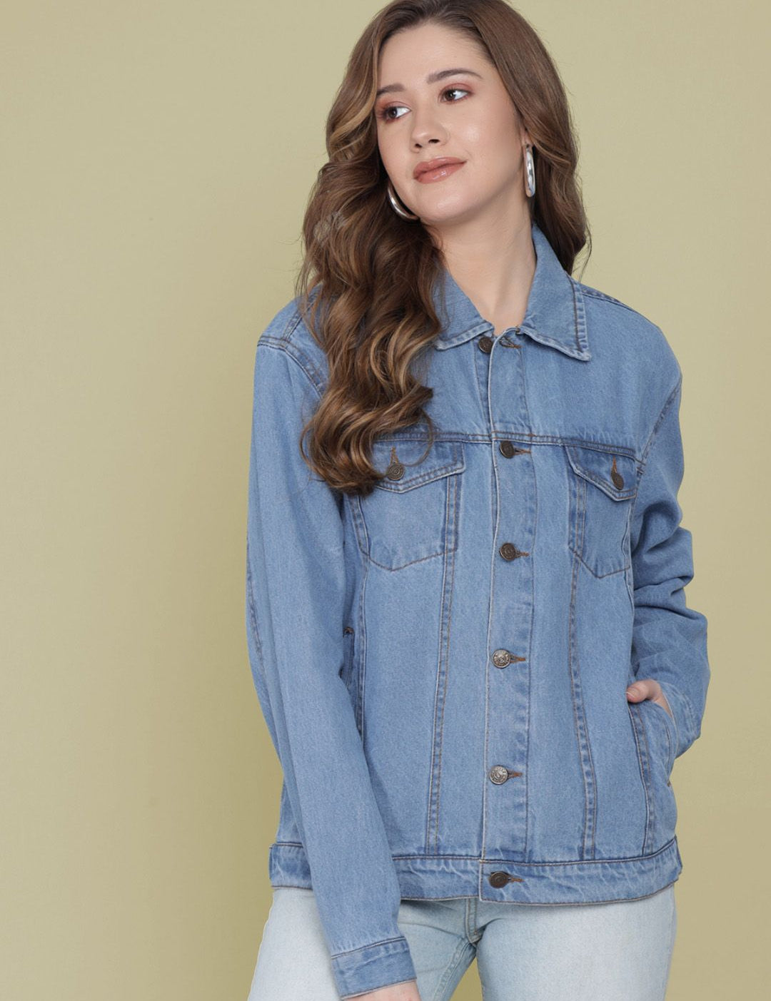 Kotty Women Spread Collar Solid Cotton Casual Denim Jacket