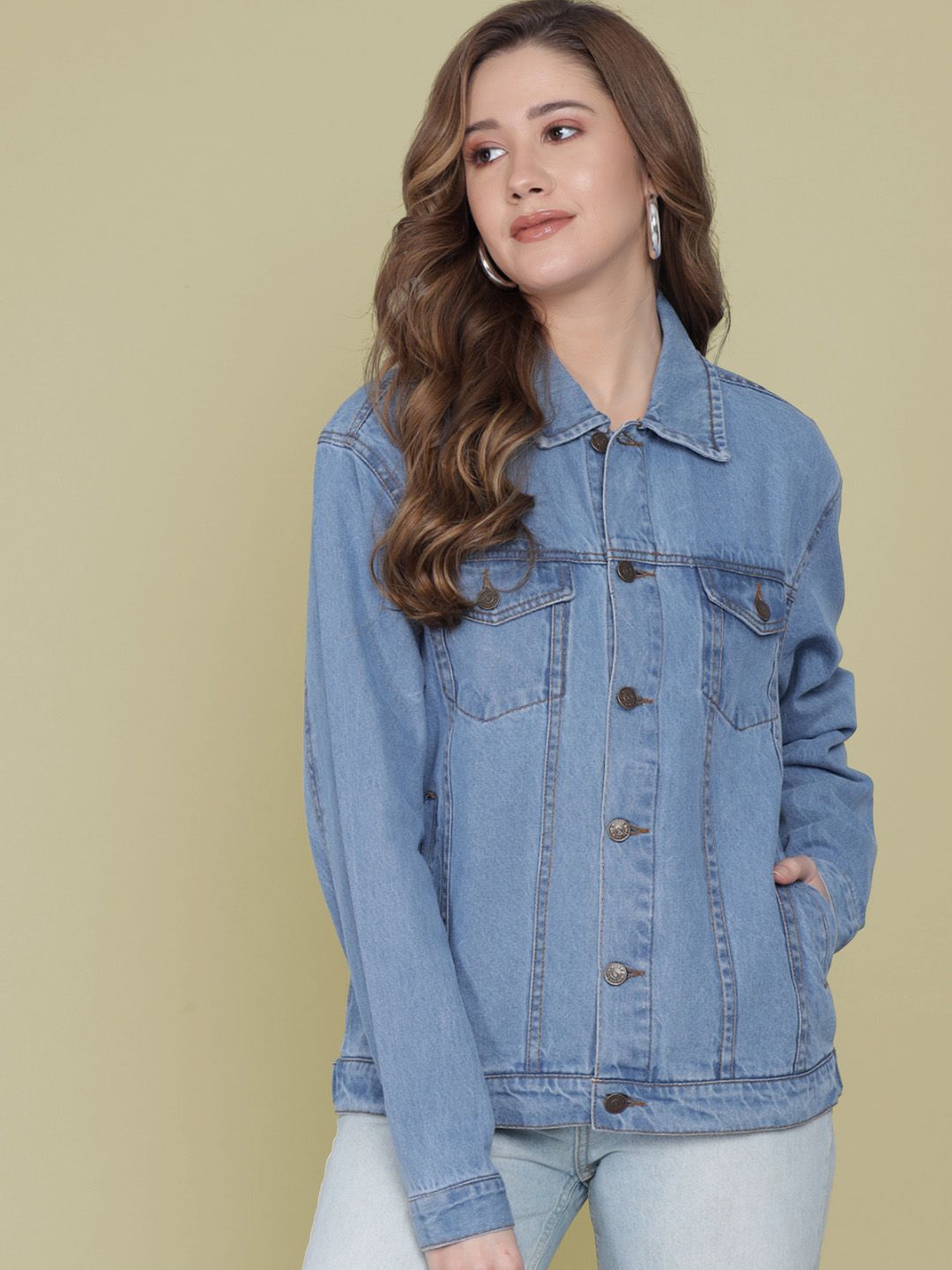 Kotty Women Spread Collar Solid Cotton Casual Denim Jacket