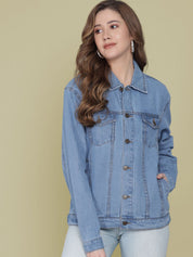 Kotty Women Spread Collar Solid Cotton Casual Denim Jacket
