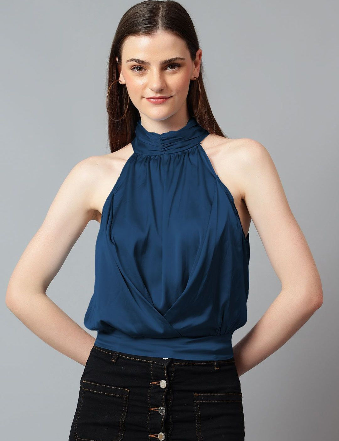 Kotty Women Solid Halter Neck Satin Top