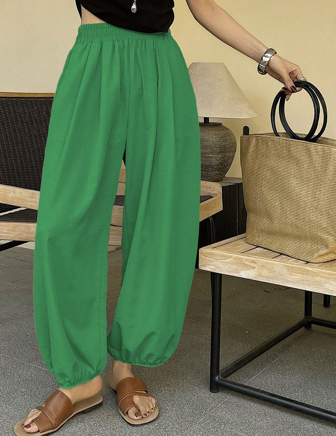 Kotty Women Relaxed Fit High-Rise Balloon Pants Trousers with Elasticated Hem