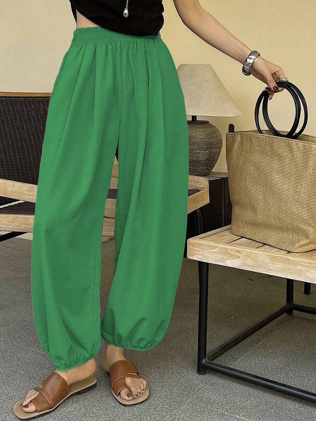 Kotty Women Relaxed Fit High-Rise Balloon Pants Trousers with Elasticated Hem