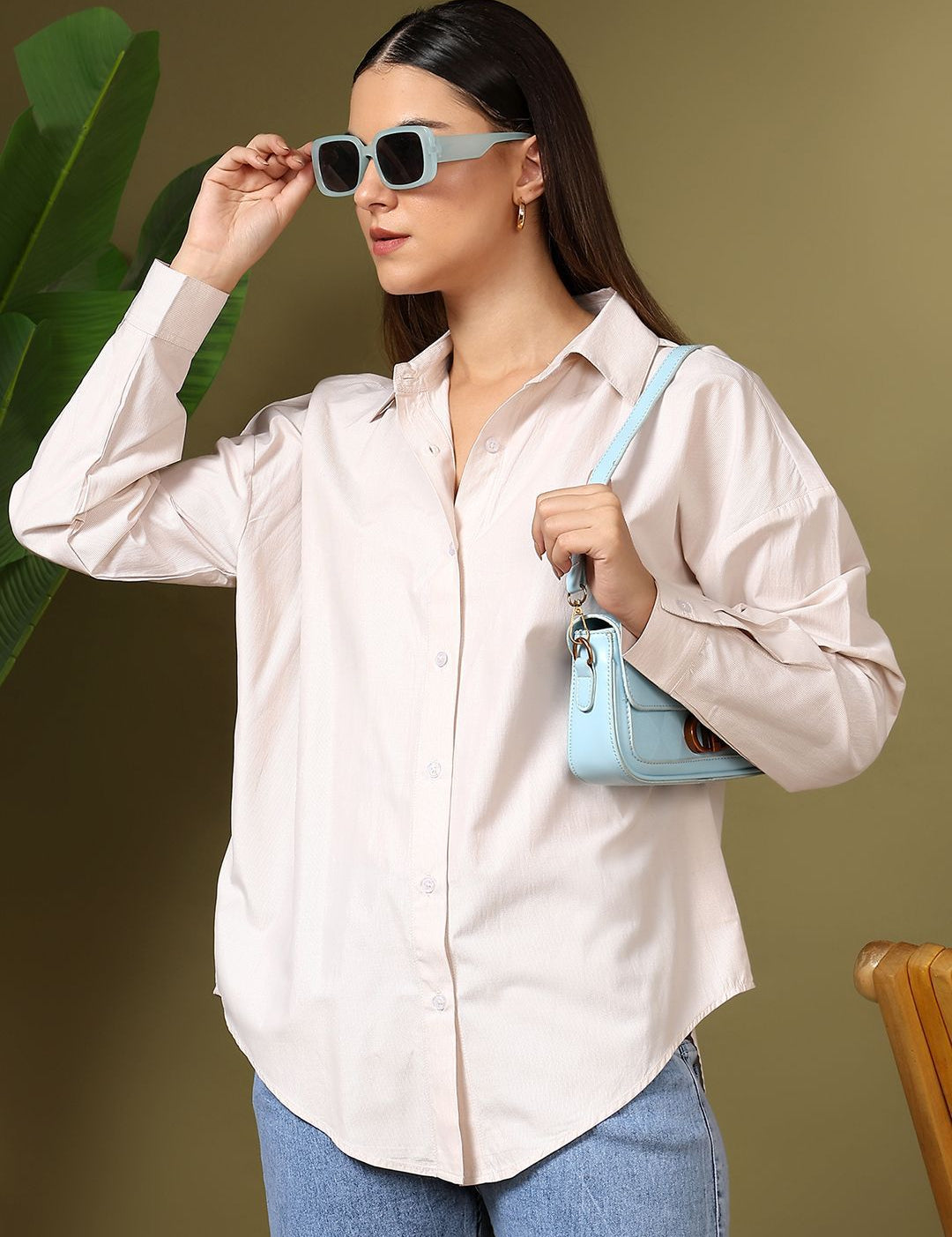 Kotty Women Relaxed Fit Spread Collar Solid Cotton Casual Shirt