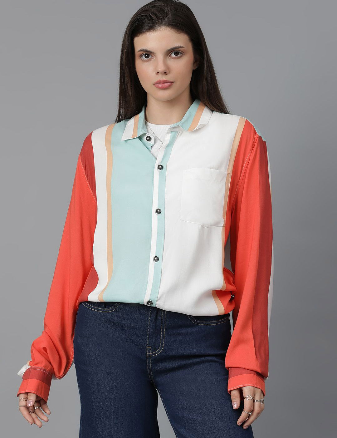 Kotty Women Spread Collar Colourblocked Cotton Oversized Casual Shirt