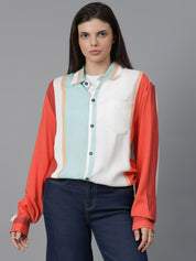 Kotty Women Spread Collar Colourblocked Cotton Oversized Casual Shirt