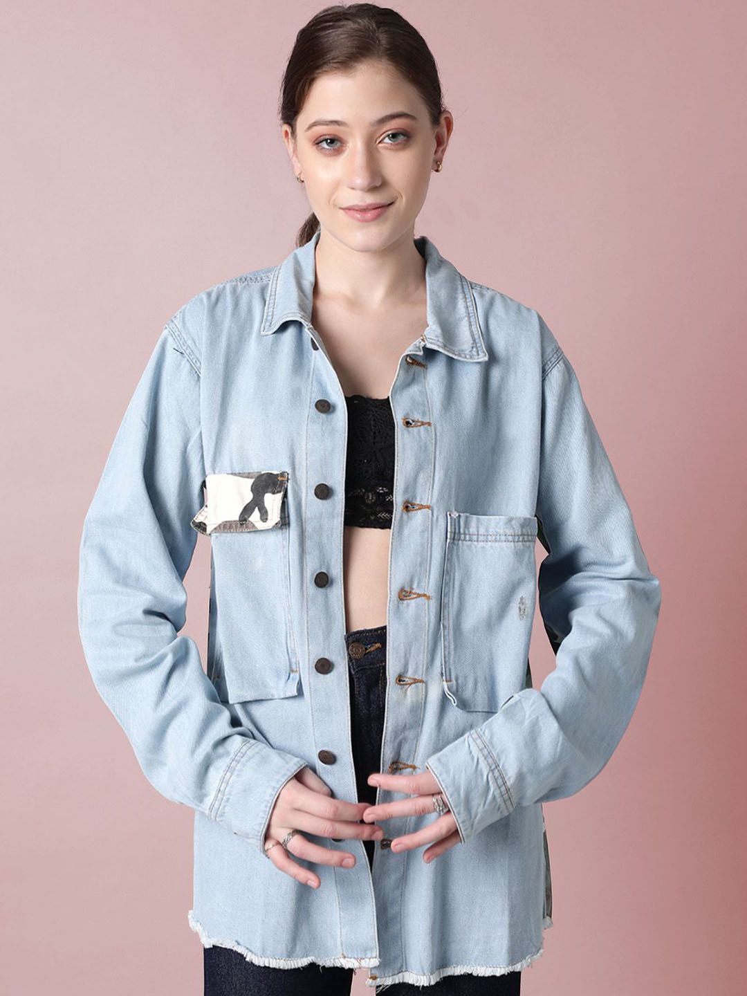 Kotty Women Spread Collar Camouflage Printed Cotton Casual Denim Jacket