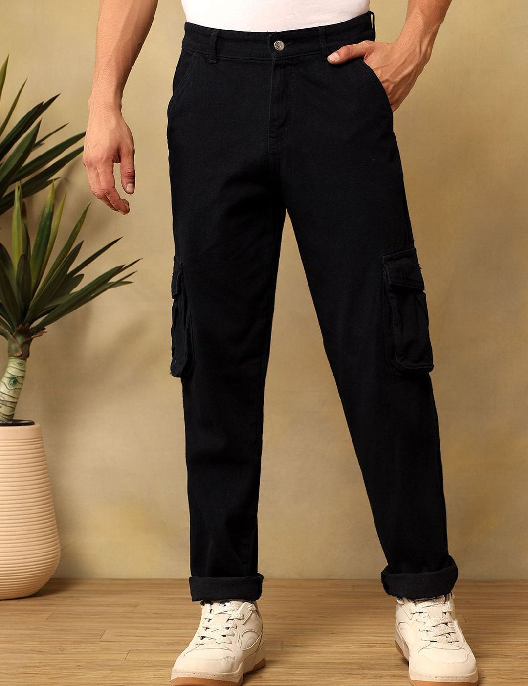 Kotty Men Relaxed Fit Mid-Rise Stretchable Cotton Utility Cargo Jeans