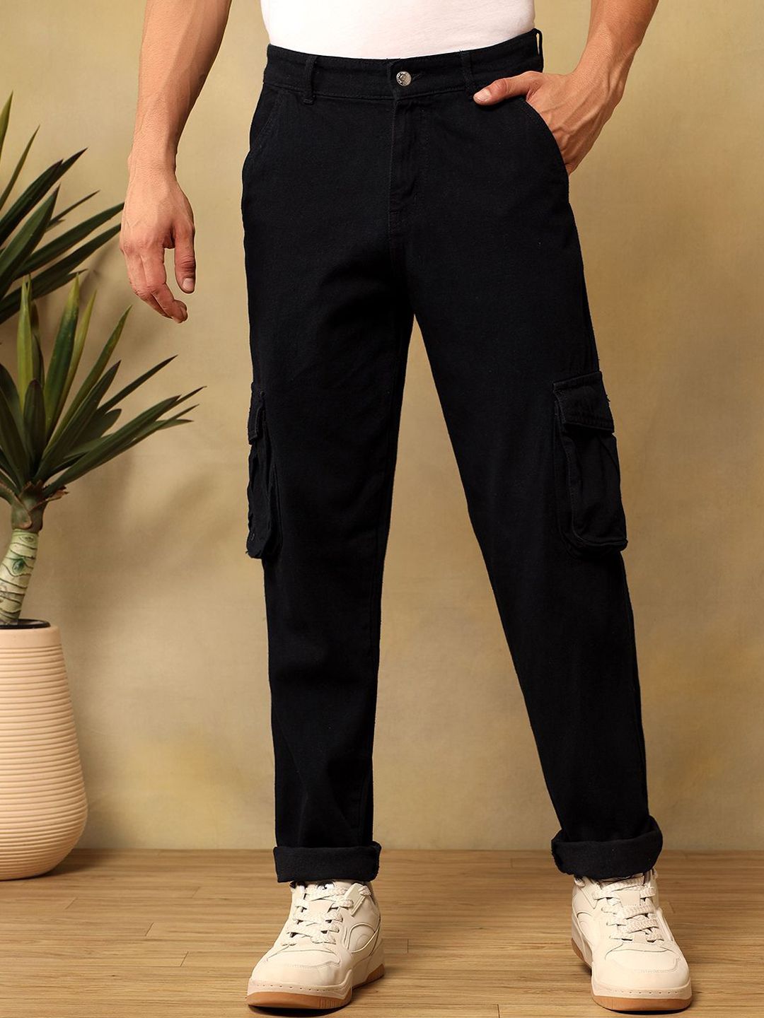 Kotty Men Relaxed Fit Mid-Rise Stretchable Cotton Utility Cargo Jeans