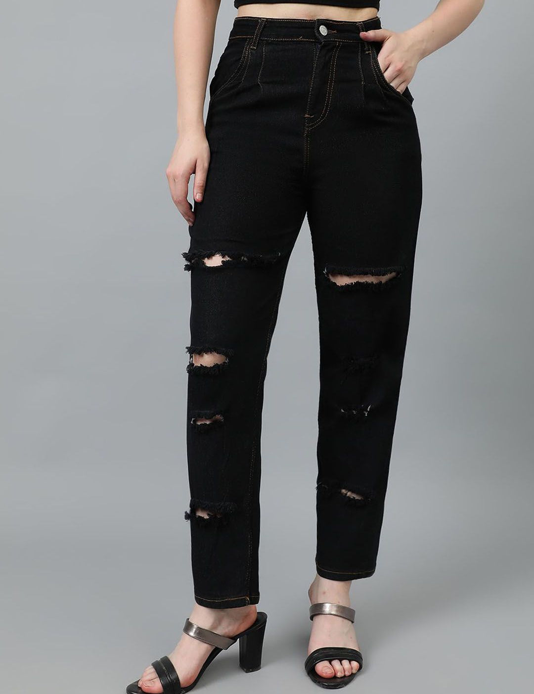 Kotty Women Straight Fit High-Rise Highly Distressed Cotton Stretchable Jeans