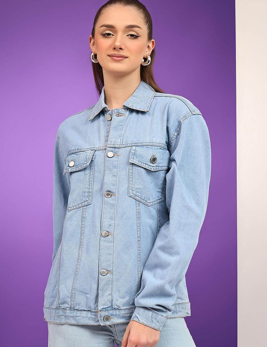 Kotty Women Spread Collar Solid Casual Denim Jacket