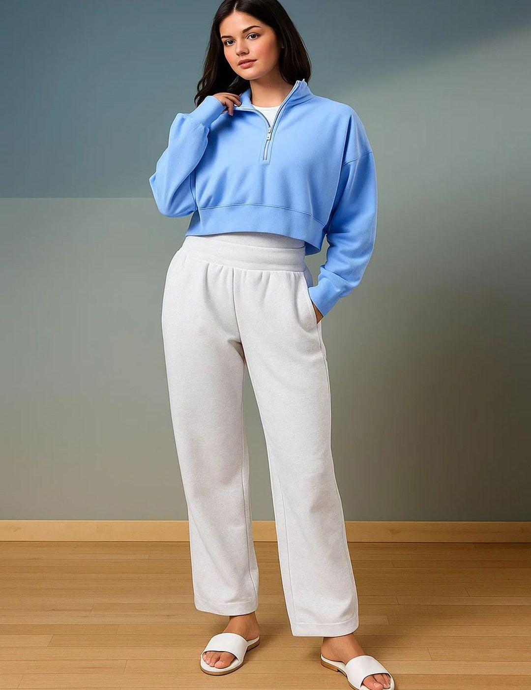 Kotty Women Solid Full Sleeve Mock Collar Crop Sweatshirt