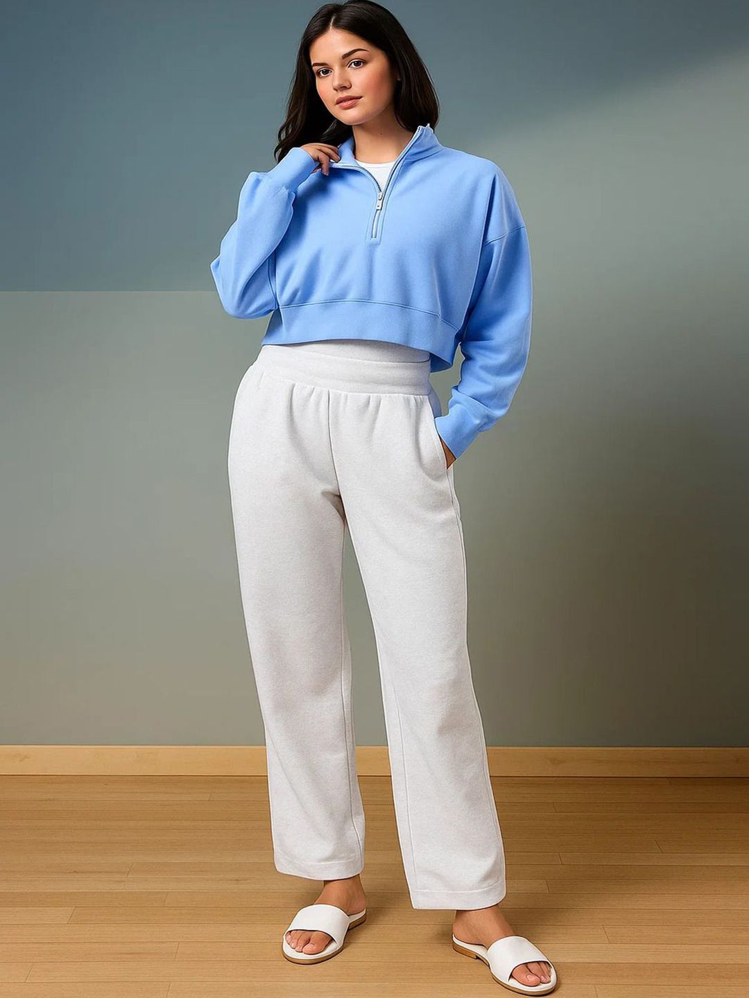 Kotty Women Solid Full Sleeve Mock Collar Crop Sweatshirt