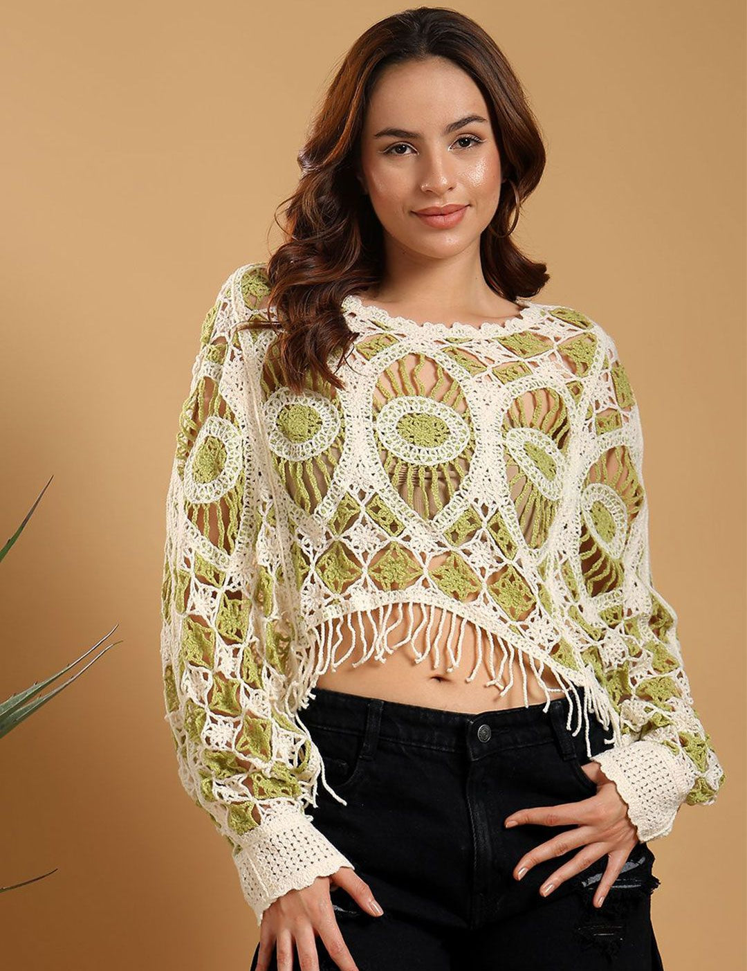 Kotty Women Self Design Crochet Crop Cotton Top