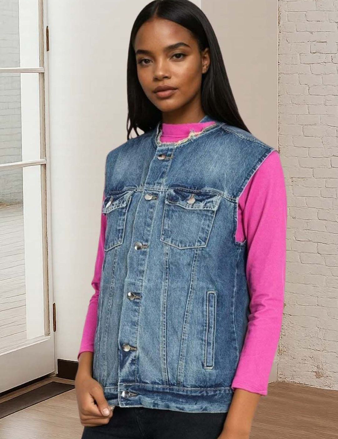 Kotty Women Collarless Solid Denim Jacket