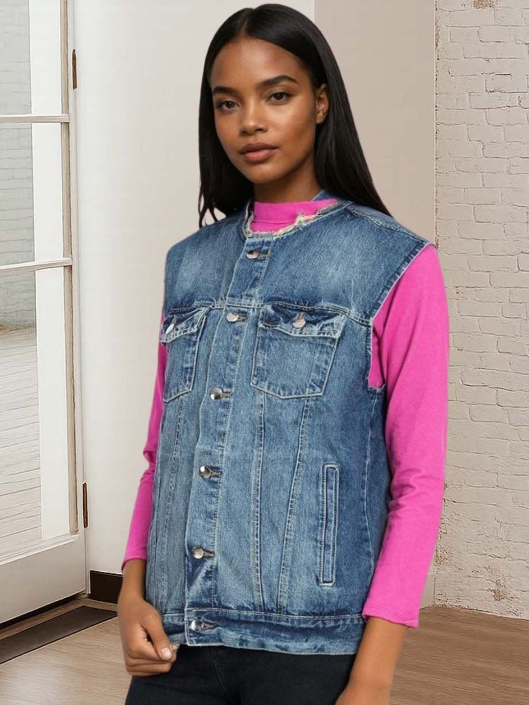 Kotty Women Collarless Solid Denim Jacket