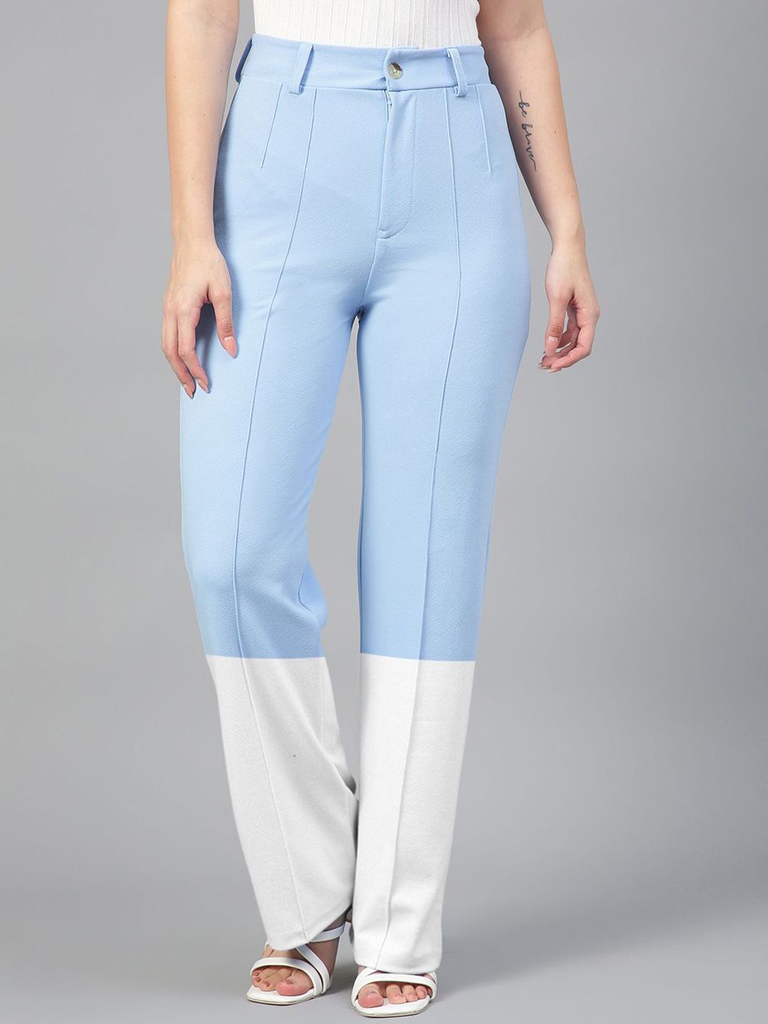 Kotty Women Colourblocked Straight Fit High-Rise Easy Wash Pleated Trousers