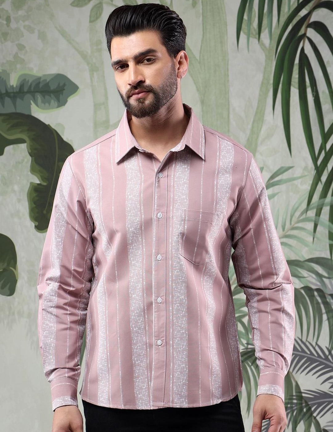 Kotty Men Spread Collar Vertical Striped Casual Shirt
