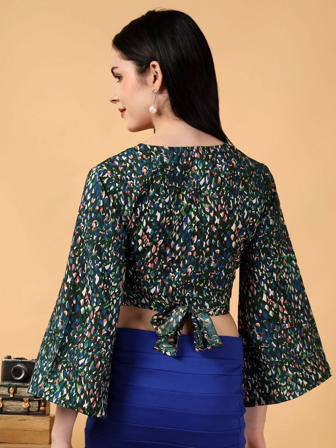 Kotty Floral Print Bell Sleeve Crepe Wrap Crop Top