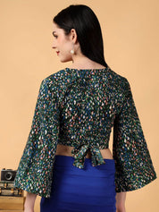 Kotty Floral Print Bell Sleeve Crepe Wrap Crop Top