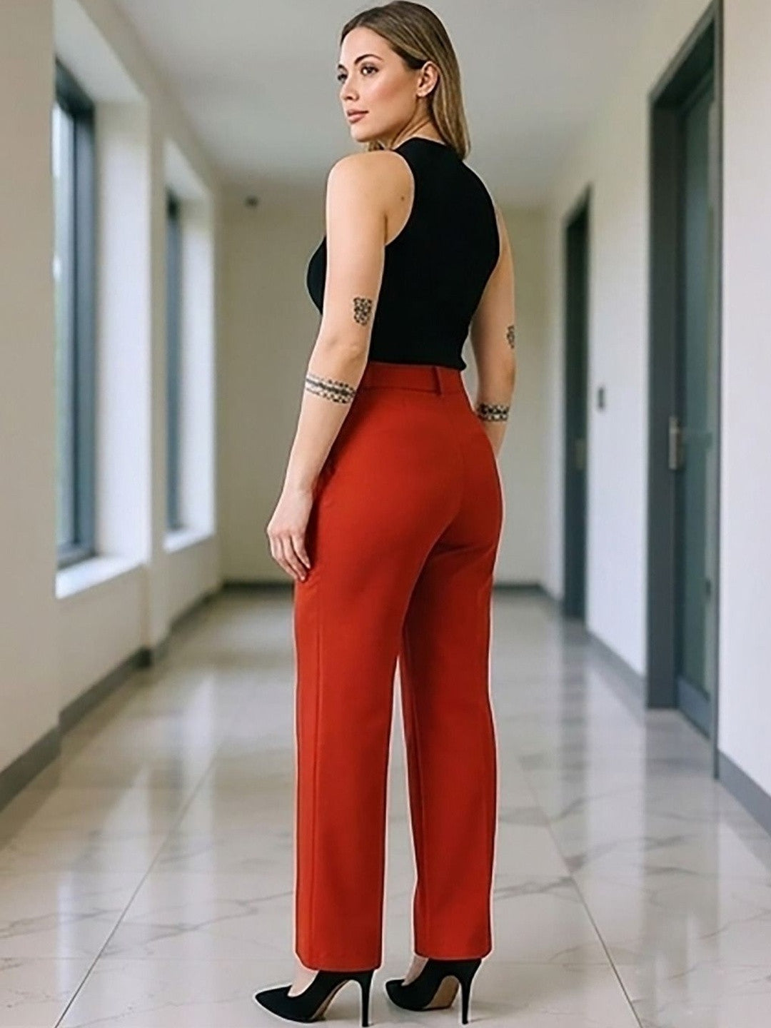 Rust Regular Fit High-Rise Trousers for Women – Chic Solid Design | Kotty