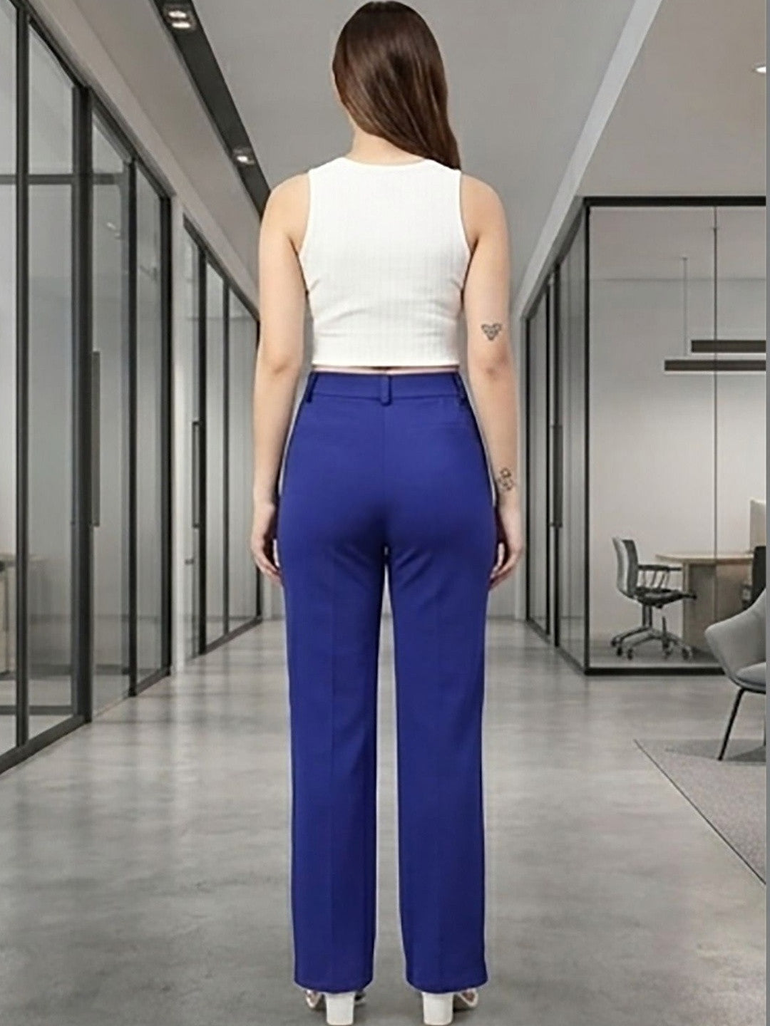 Blue Regular Fit Mid-Rise Trousers for Women | Kotty
