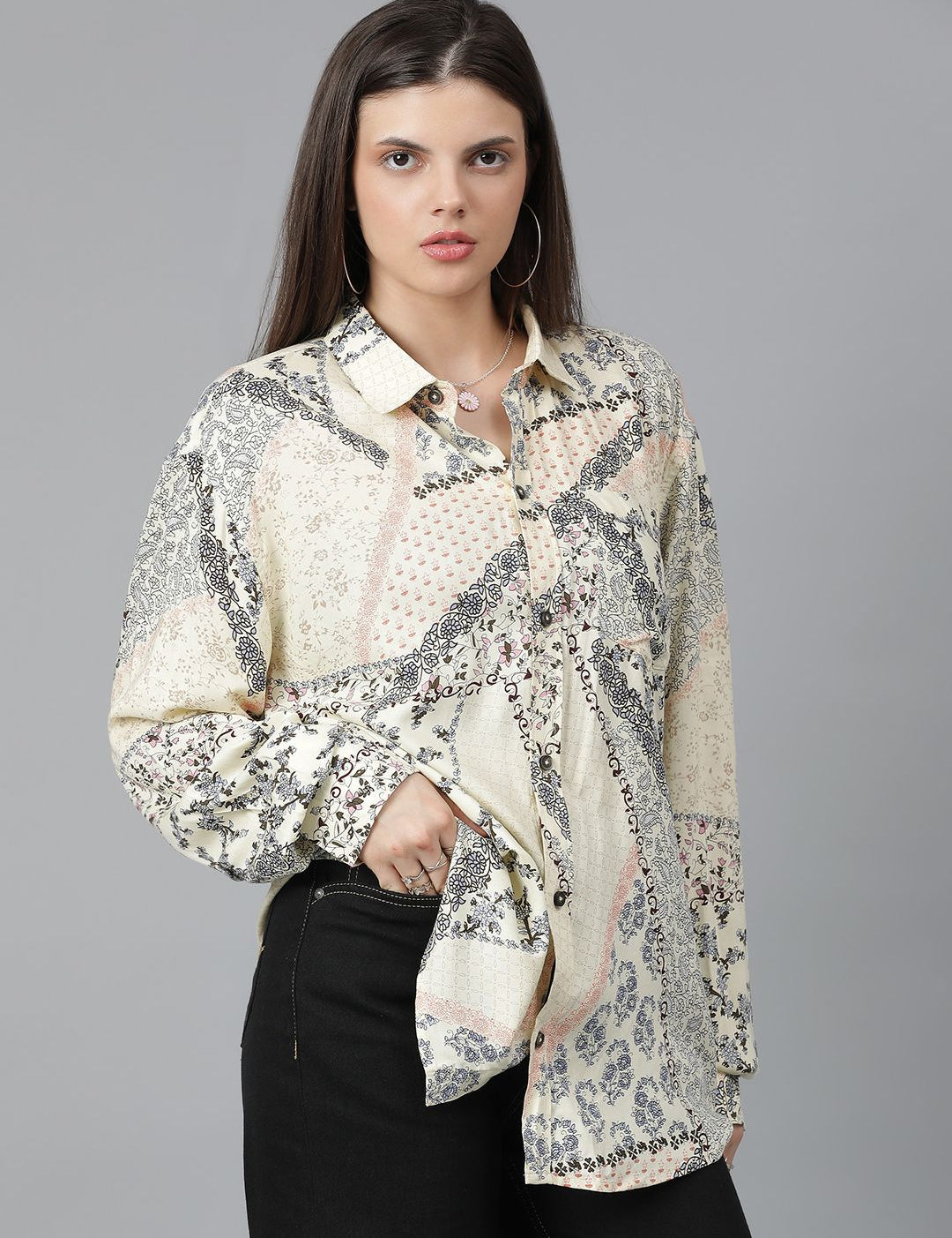 Kotty Women Spread Collar Floral Printed Cotton Oversized Casual Shirt