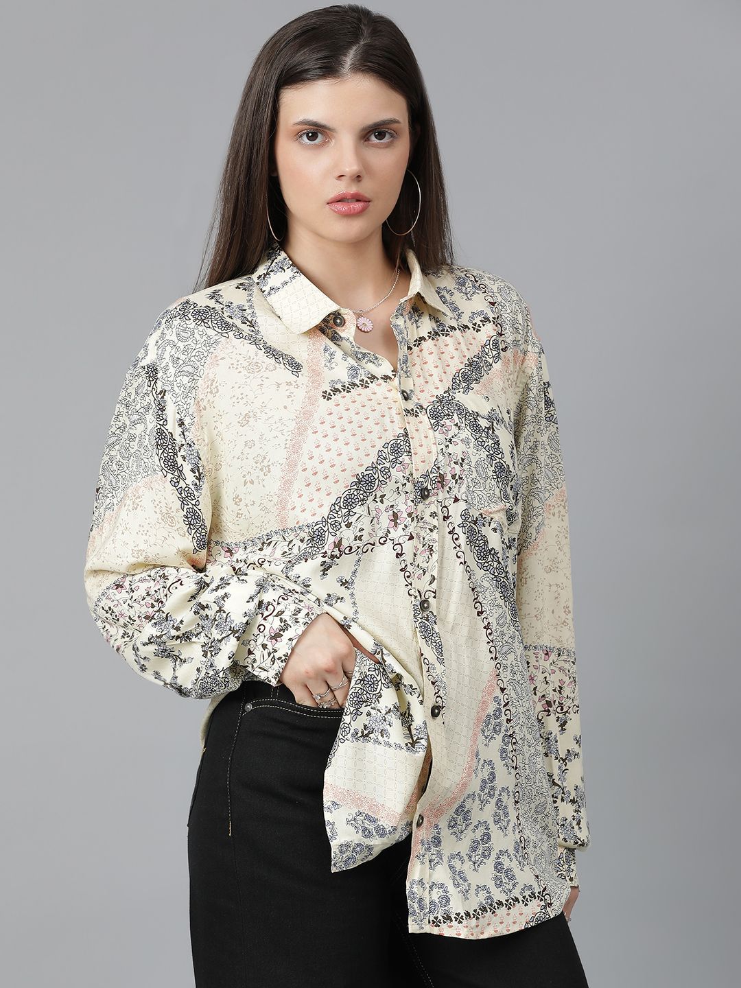Kotty Women Spread Collar Floral Printed Cotton Oversized Casual Shirt
