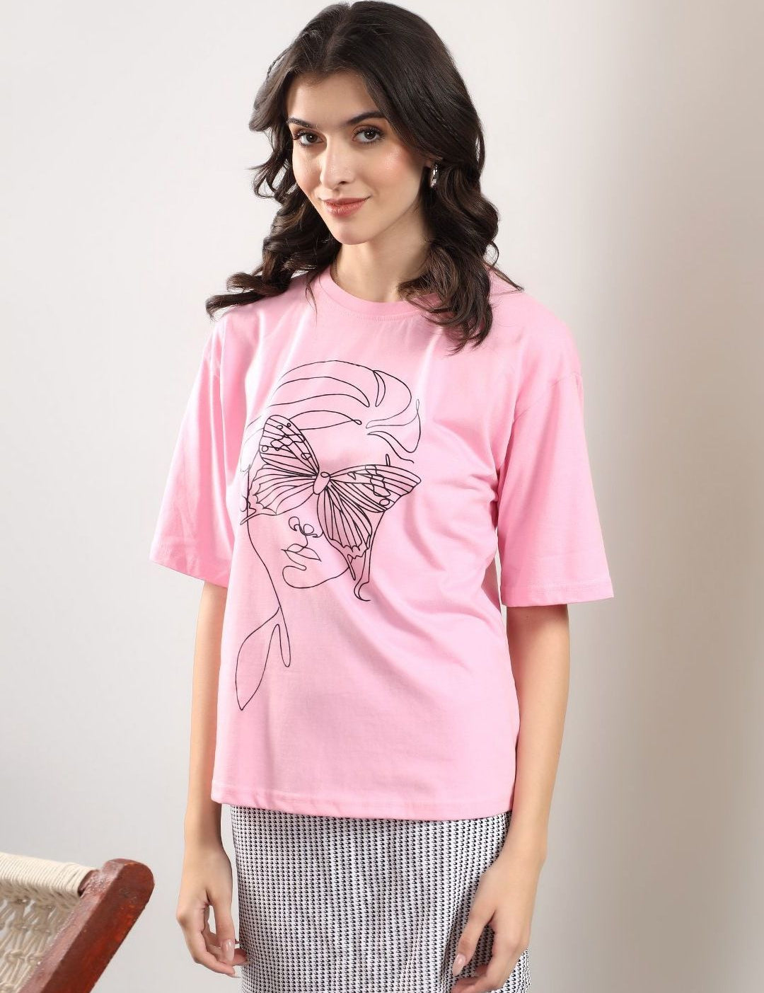 Kotty Abstract Printed Round Neck Cotton T-shirt