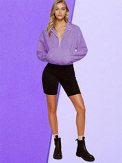 Kotty Women Solid Shirt Collar Full Sleeve Half Zipper Crop Sweatshirt