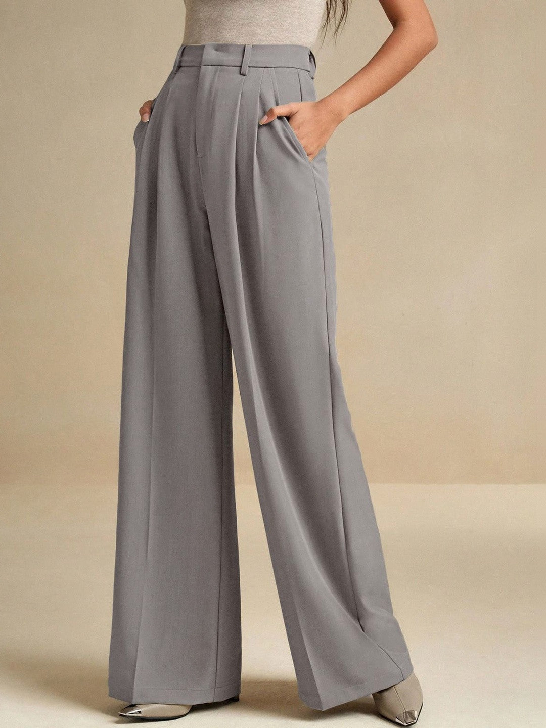 Grey Straight Fit High-Rise Trousers for Women | Kotty