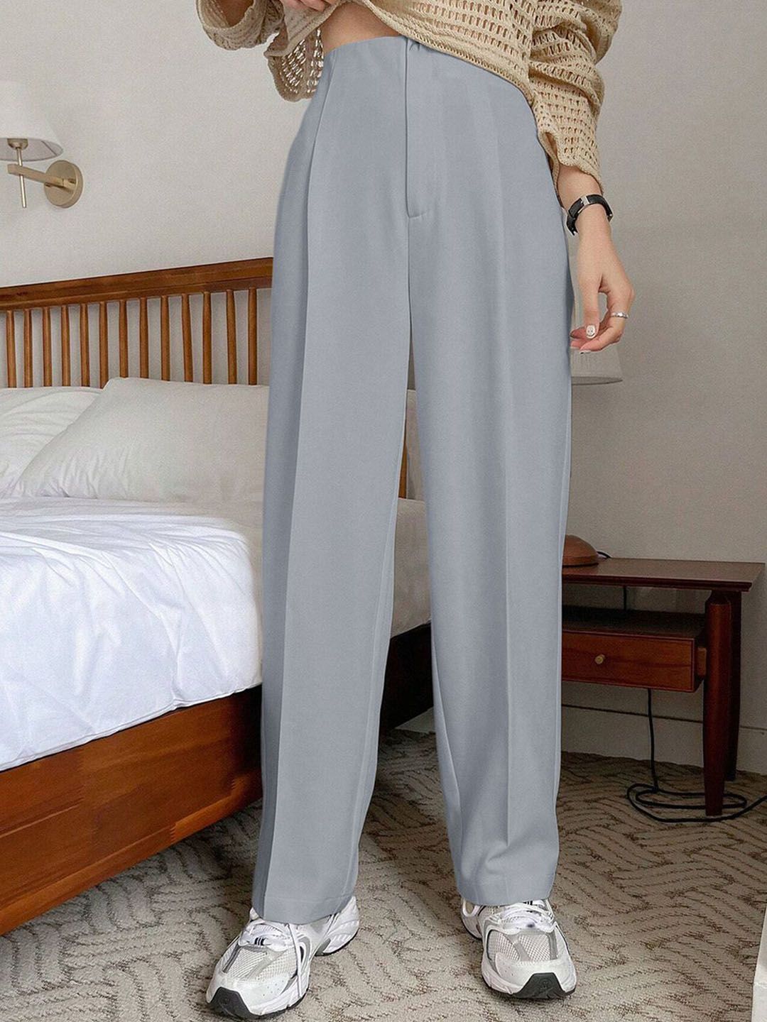 Kotty Women Relaxed Straight Leg Straight Fit High-Rise Cotton Pleated Formal Trousers